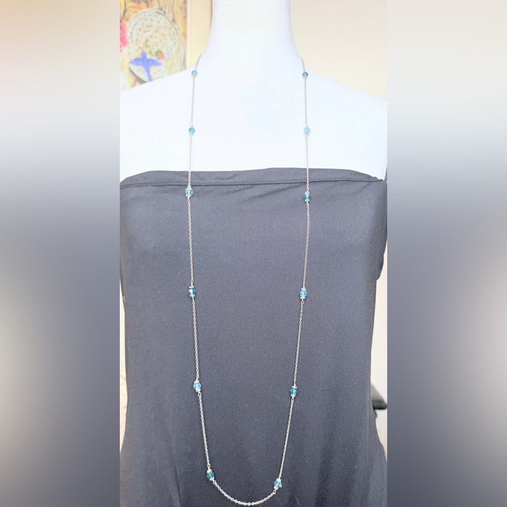 Long Silver Tone Chain Necklace Teal Blue Crystal Bead Station 36”